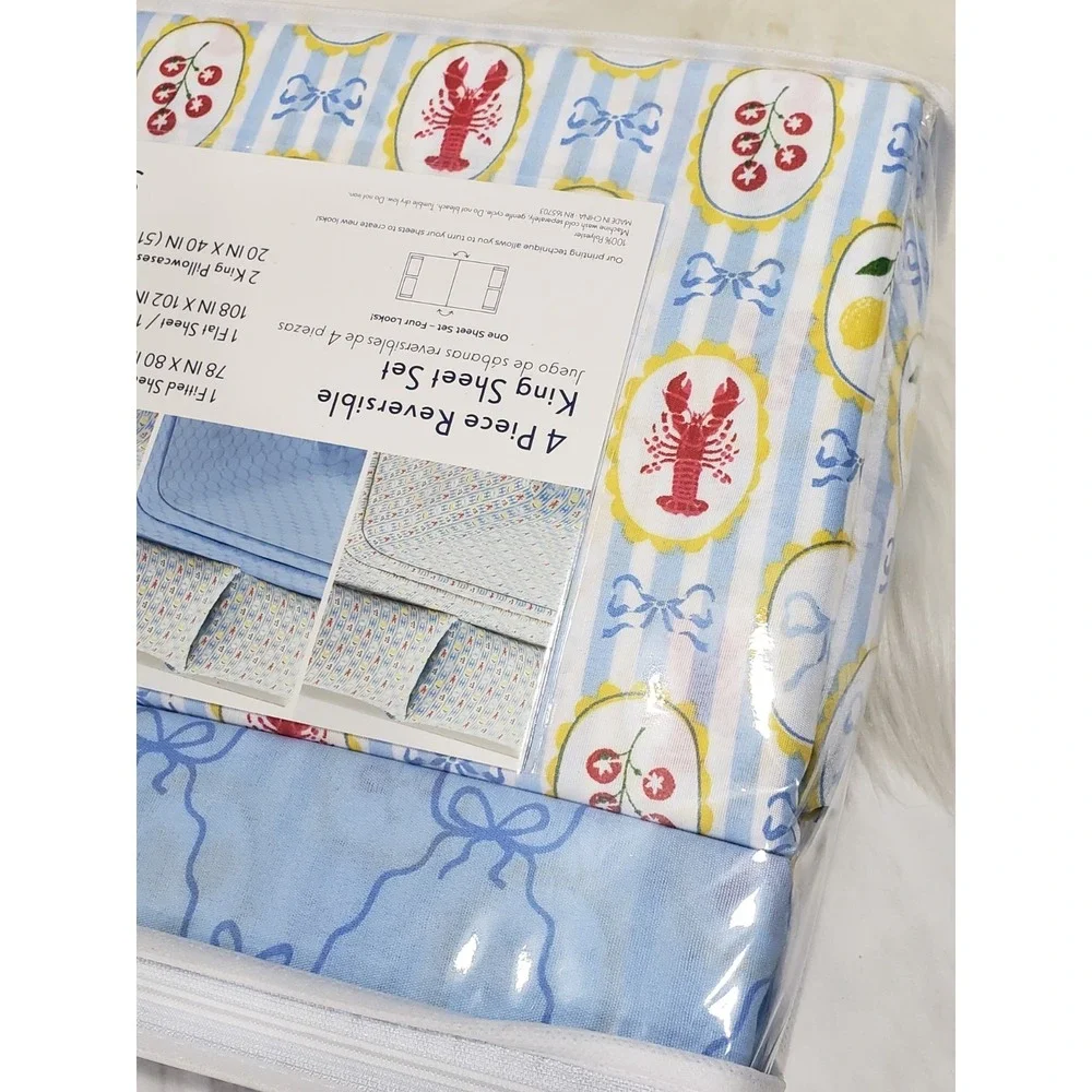NEW 4 PIECE KING SIZE sheet set lobster ribbons fruit lemons nautical beach blue